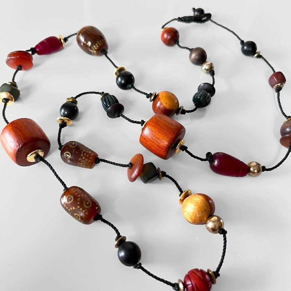Wood Bead Hand Knotted Cord Necklace